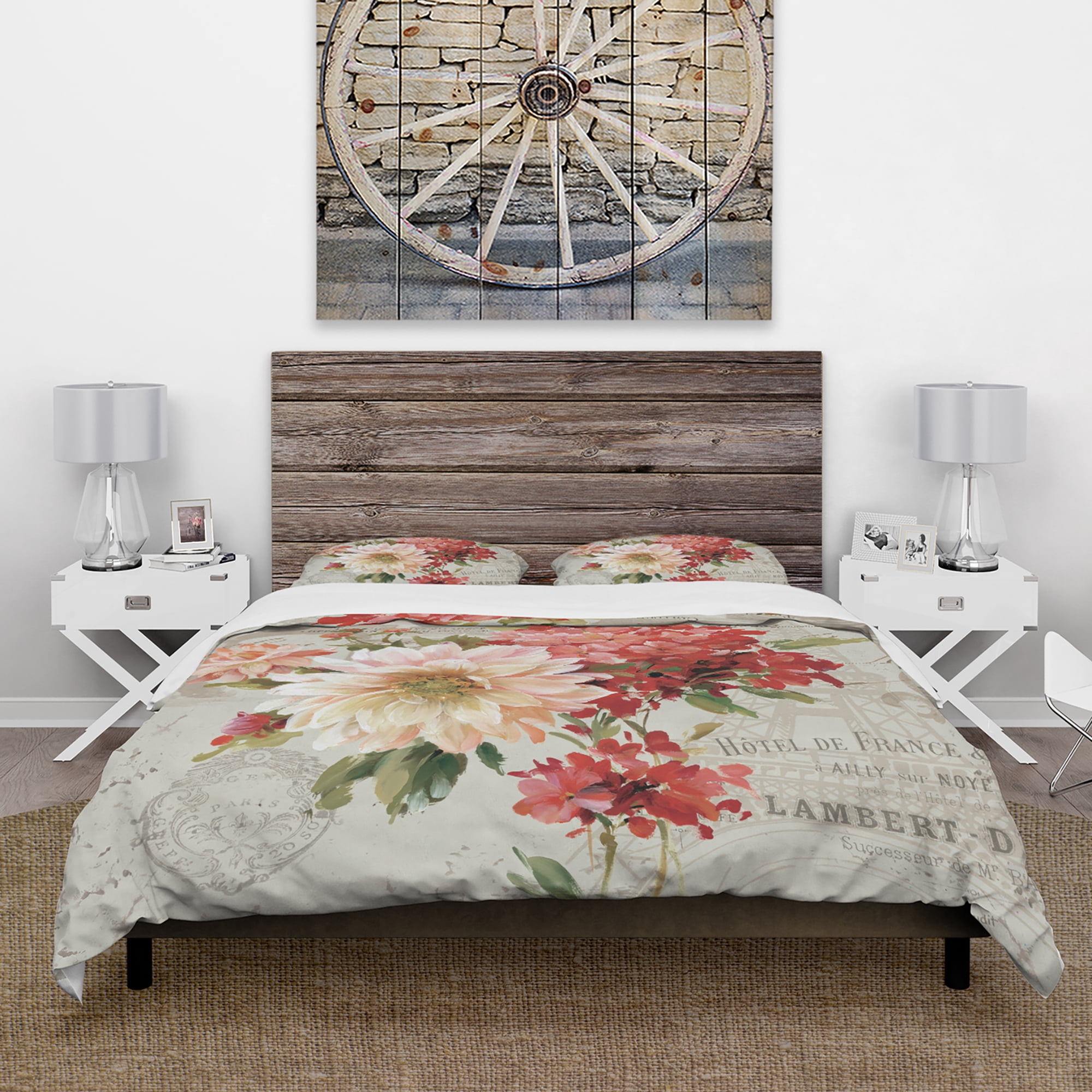 Designart 'Red Painted Flowers on Vintage Postcard I' Cottage Duvet Cover Set