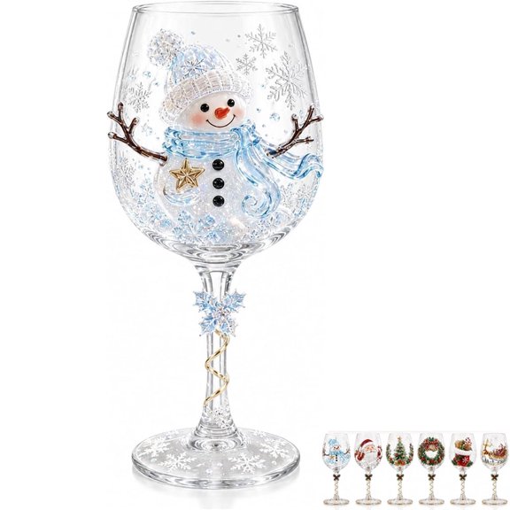 Christmas Wine Glass Collection Gift Box Set, Santa Christmas Wine Glass, Raised Holiday Goblet with Snowflake Decor, Festive Glassware for Wine, Cocktails, Holiday Party & Table Decor (A#)