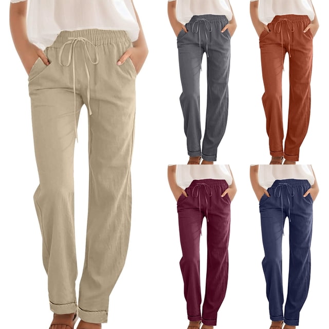 FNFYFH Clearance Cotton Linen Pants for Women Drawstring Elastic waist Straight Leg Trouser with Pockets Womens Solid Color Work Pant 2025 Causal Comfy Bottoms,Khaki S-XXL