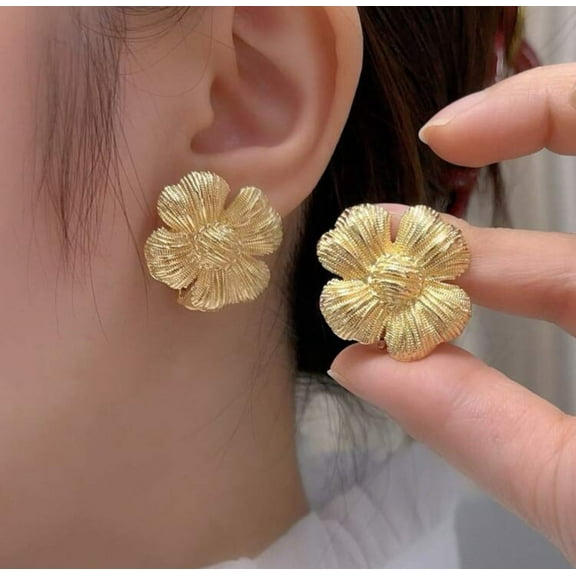 Clip on 1 1/4" gold textured flower button style earrings