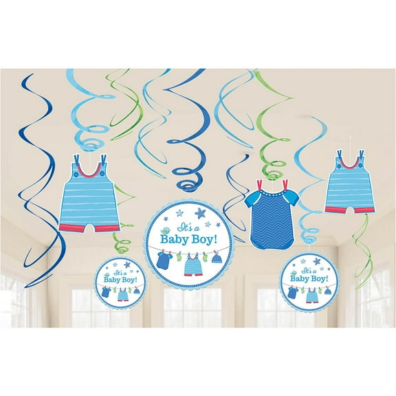 Amscan Shower With Love Baby Boy Foil Swirl Decorations (12 Pieces) - Baby Shower Party Supplies