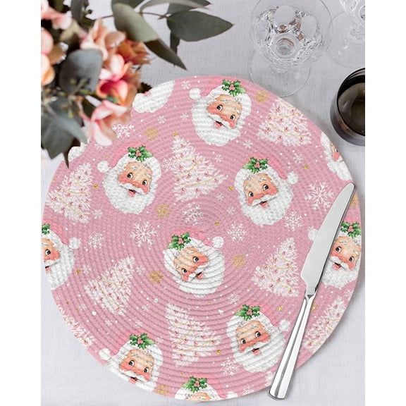 15 Inch Round Placemats Set of 4, Pink Christmas Non Slip Heat Insulation PP Table Mats, Santa Xmas Tree Snowflake Winter Farmhouse Washable Place Mats for Kitchen Dining Party Table Decor