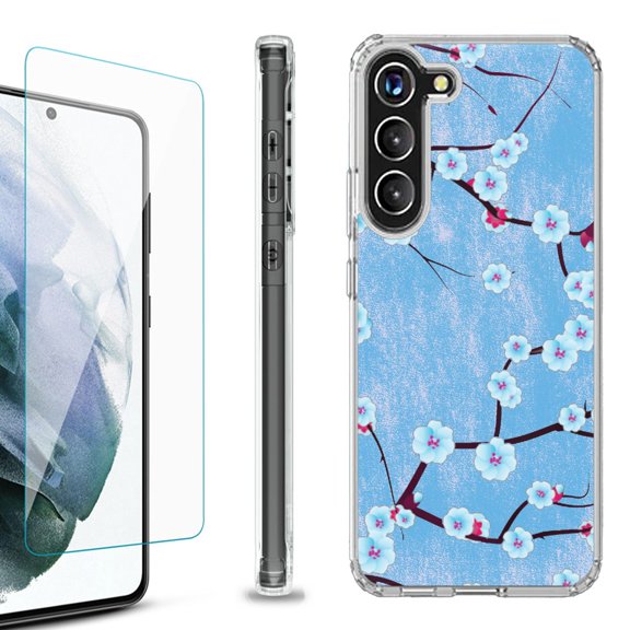 OneToughShield ® for Samsung Galaxy S23  S23 Plus 5G Shockproof Bumper Phone Case, with Tempered Glass Screen Protector - Blossom Sky