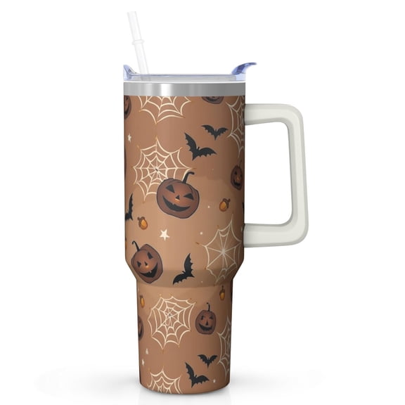 40oz Halloween Tumbler with Handle – Bat Ghost Drinkware with Lid and Straw – Creepy Theme Travel Cup – Halloween Birthday Gifts