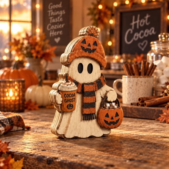 3 Layer Halloween Ghost Wooden Stand, Beanie Cocoa Tabletop Accent for Fall Coffee Bar