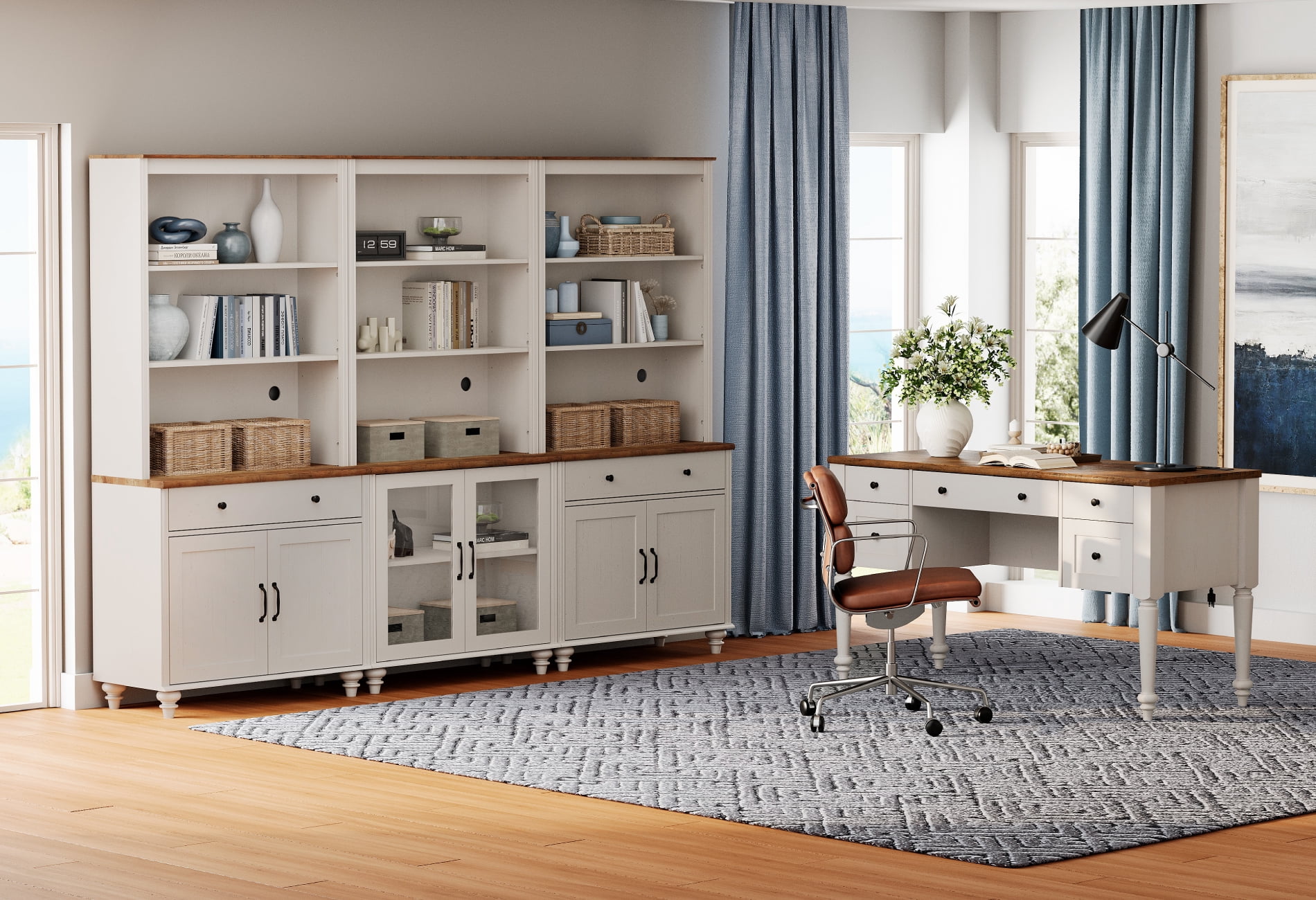2 - Piece Office Set, 56" Executive Desk, Bookcases With 2 Drawers And 2 Glass Doors