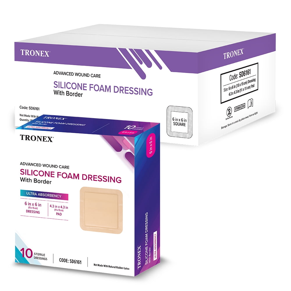 TRONEX SD6161 Silicone Foam Dressing 6”x6”, Adhesive Border, Waterproof, Sterile, Ultra Absorbency, Breathable, Advanced Wound Care, Gentle Removal, Latex Free, Beige, Case of 240