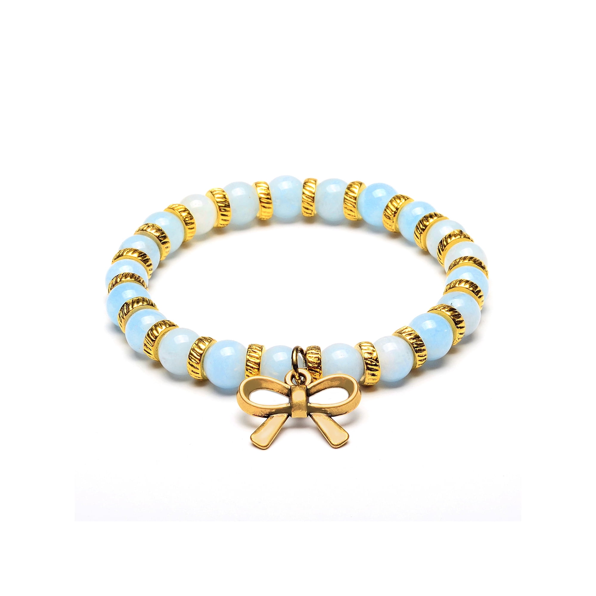 ELYA Jewelry Women's Bow Charm Light Blue Jade Stone Beaded Stretch Bracelet