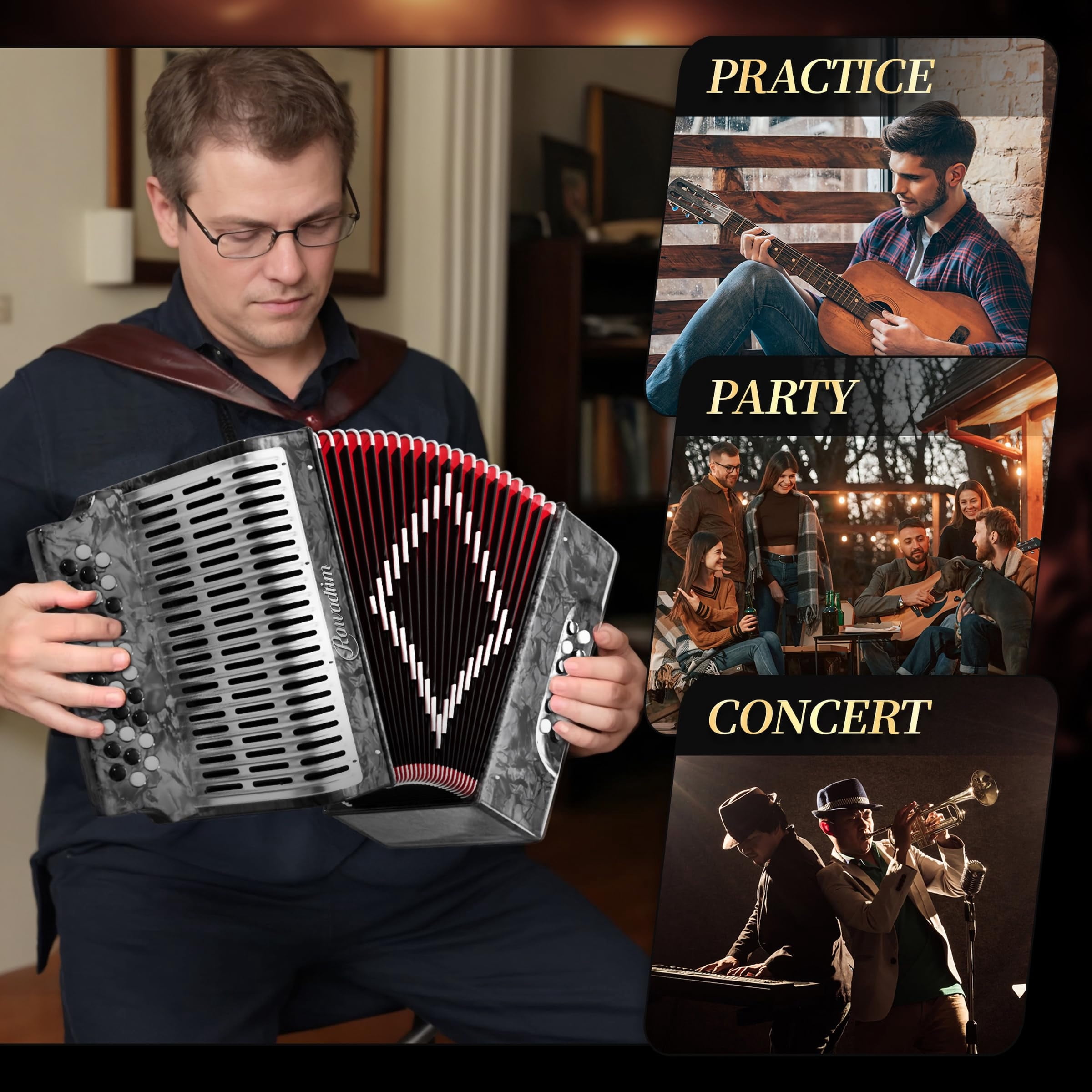 Rowadtim 31 Key Diatonic Accordions, 12 Bass Buttons (G/C/F Tuning) Suitable for Beginners, Adults, Performances and Teachers; Comes with  Case, Adjustable Strap, Gloves and Polishing Cloth (Gray)