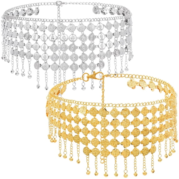 2 Pcs Dance Hip Scarf Belt, Alloy Coin Tassel Waist Chain, Gold and Silver, Multi-layer Chain Design, Adjustable 75 cm to 110 cm/29.53 in to 43.3 in Length, Dynamic Metal Disc Ornament