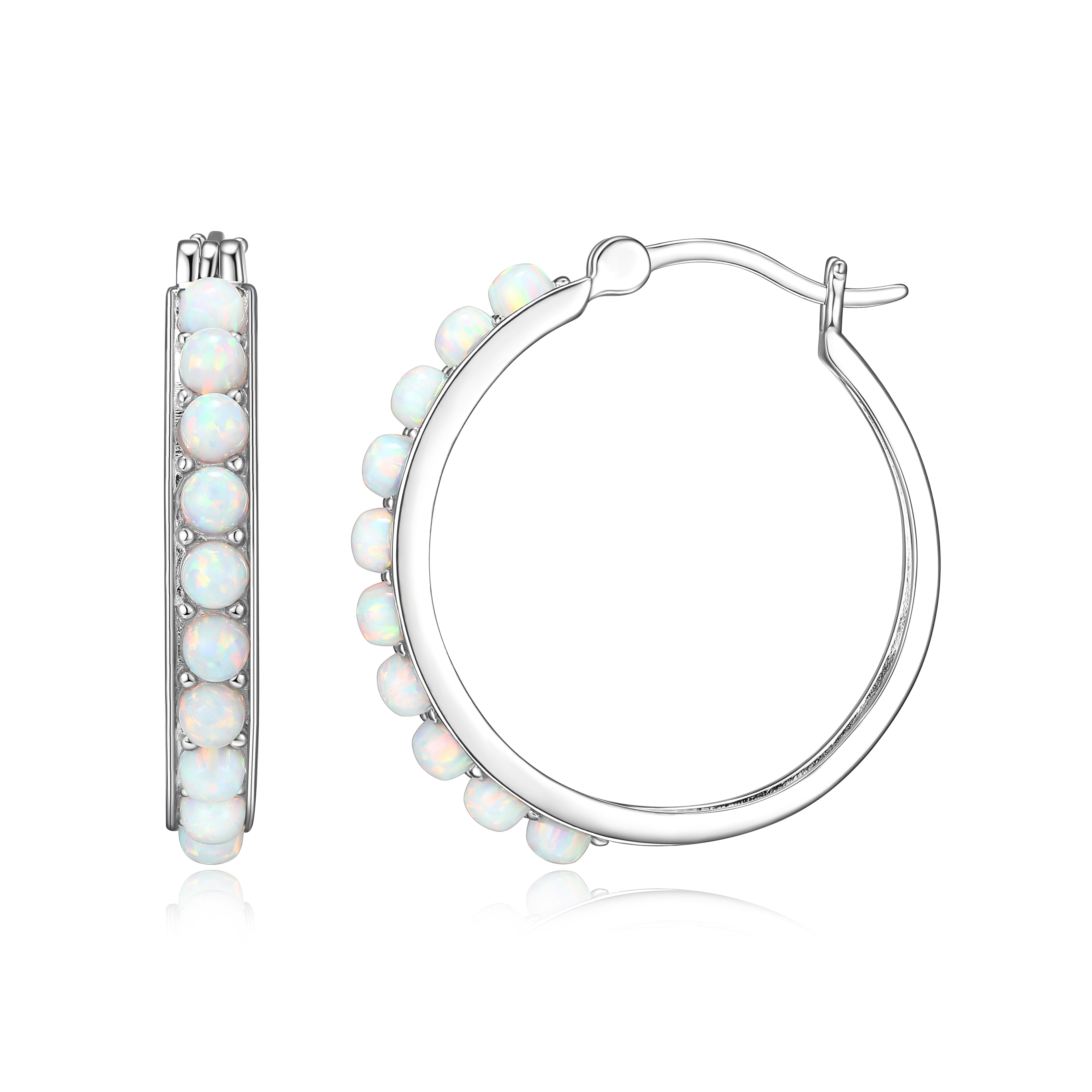 Forever Facets Women's Platinum over Sterling Silver Created Opal 3x2mm Hoop Earrings