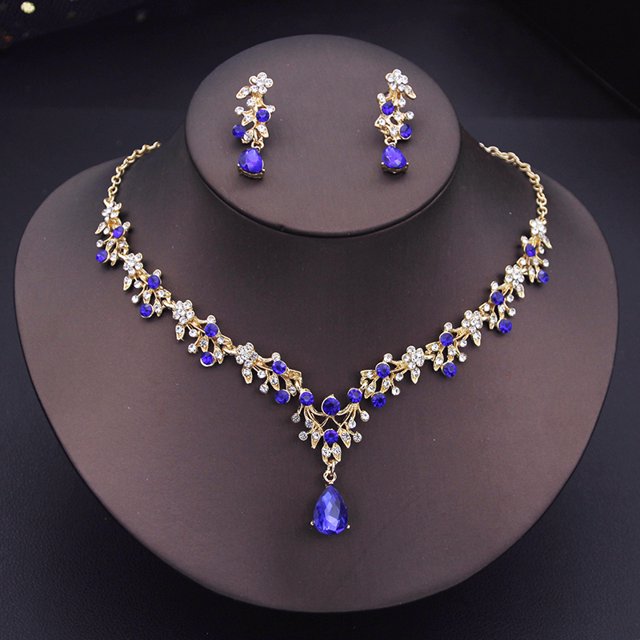 Ensemble de Bijoux de Mode Design Floral de Luxe pour Femmes Colliers Boucles d'Oreilles Ensembles Accessoires de Robe de Mariée Or Bleu