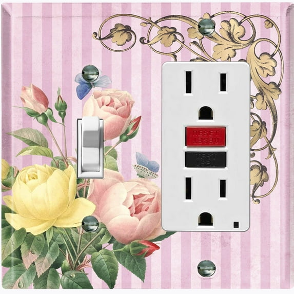 Metal Light Switch Plate Outlet Cover Elegant Pink Floral Striped Damask FLW070