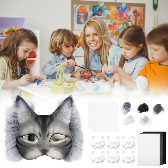 Kit de Mascarilla Facial de Gato Diy: Incluye Mascarilla de Gato En Blanco, Tela Sintética y Malla de Plástico para Decoraciones Navideñas.
