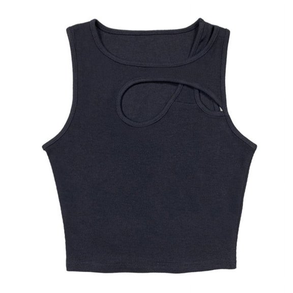 Qulqfy Crew Neck Tank Tops Cutout Solid Sexy Slim Black Standard Straps Women Summer Tops