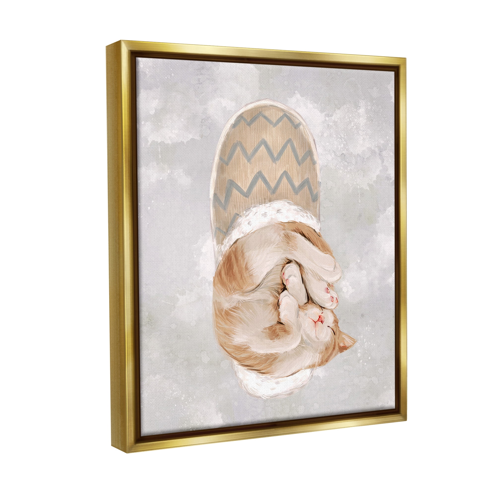 Stupell Industries Kitten Sleeping in Slipper Animals & Insects Painting Gold Floater Framed Canvas Art Print Wall Art, 17 x 21