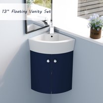 Hassch 13" Corner Bathroom Vanity Sink Combo for Small Space, Wall Mounted Cabinet Set Design, White Ceramic Basin Sink Top, 2 Soft Closing Doors (Navy Blue)