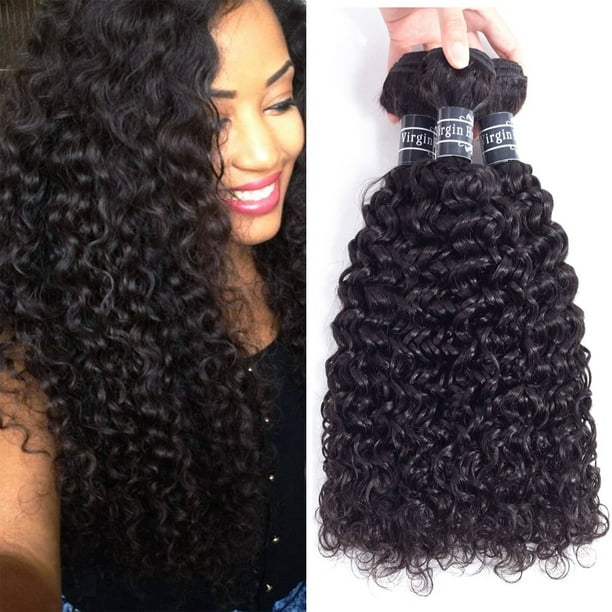 Amella Hair Cabello rizado virgen brasileño, 3 paquetes de extensiones de cabello 8A, paquetes rizados brasileños, color negro natural (12 14 16 pulgadas)
