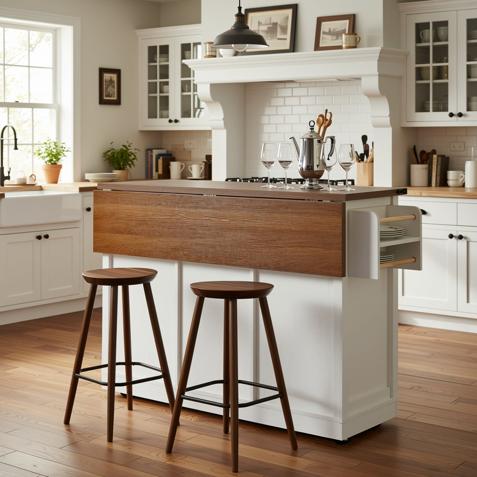 Homy Casa Farmhouse 53.7" Rolling Kitchen Island with Storage Cabinet, Sliding Barn Doors, Wood Top Storage Cart