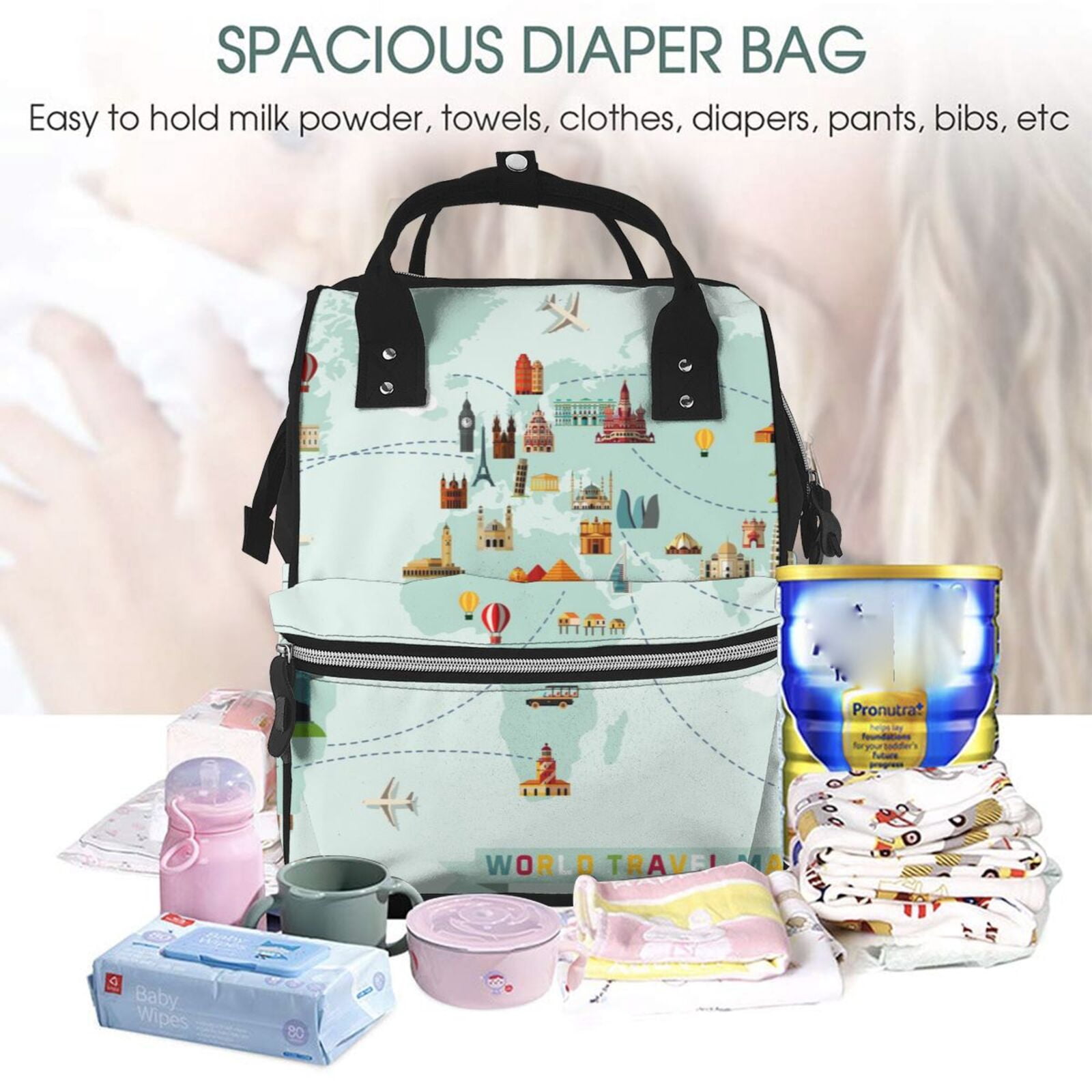 Defioc World Travel Map for Baby Diaper Bag Backpack - Baby Bag for Boys & Girls - Diaper Backpack - Large Travel Diaper Bags- Baby Registry Search & Shower Gifts