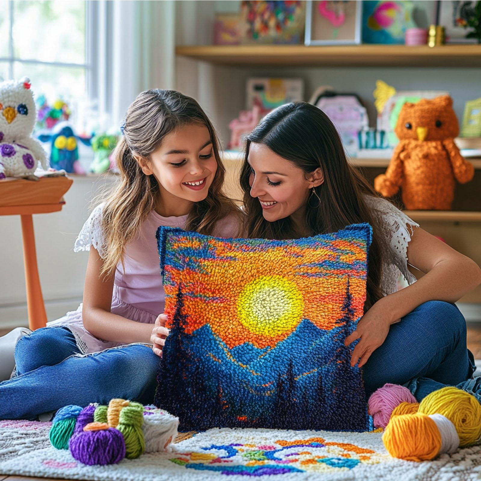 DIY Latch Hook Pillow Kits Sunset Mountains Printed Pillowcase Crochet Yarns Hooking Handmade Pillow Cover Cushion for Home Sofa Decoration 17x17inch-1