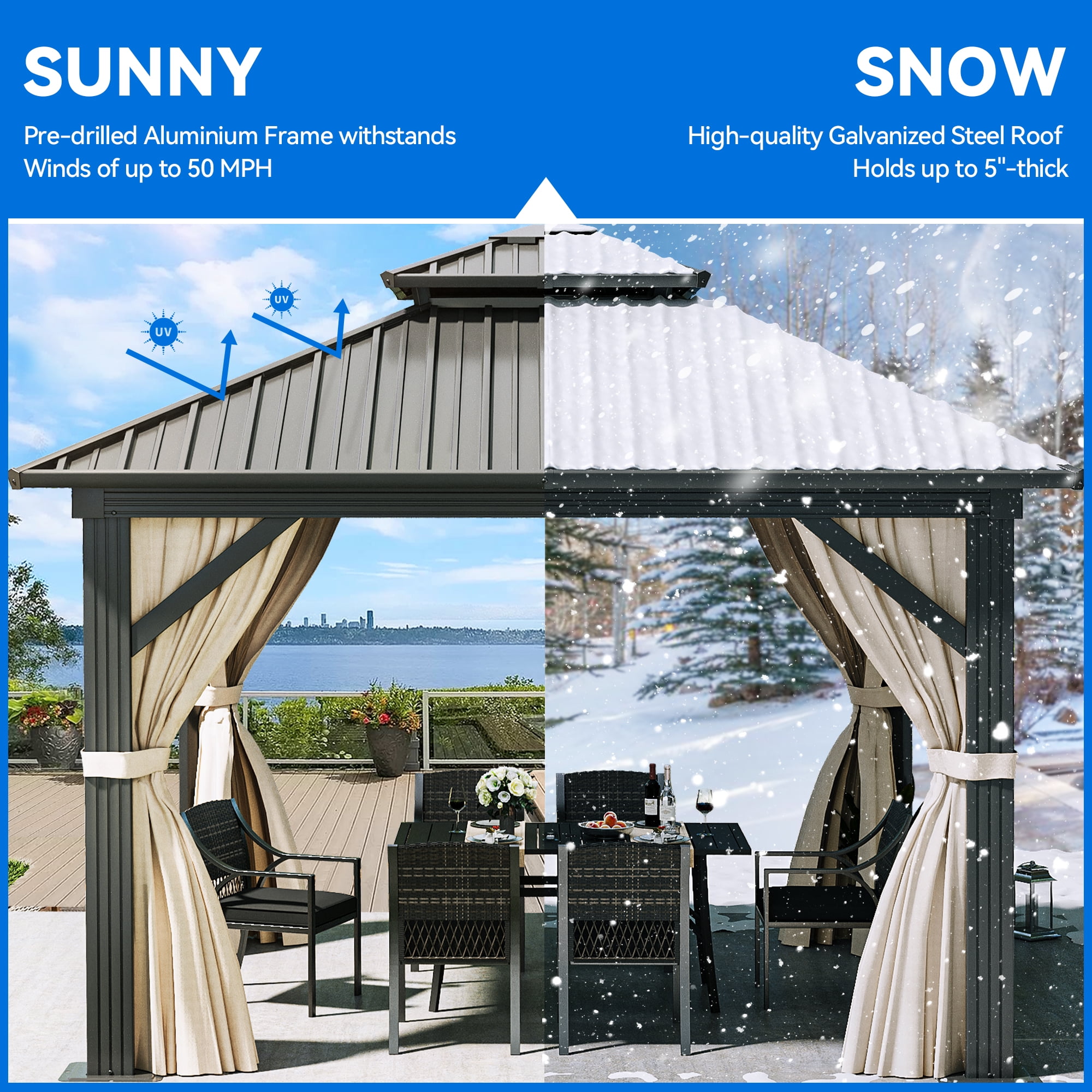 Dextrus 10x10ft Gazebo Double Roof Canopy with Netting and Curtains, Outdoor Gazebo 2-Tier Hardtop Galvanized Iron Aluminum Frame Garden Tent for Patio, Backyard, Deck and Lawns