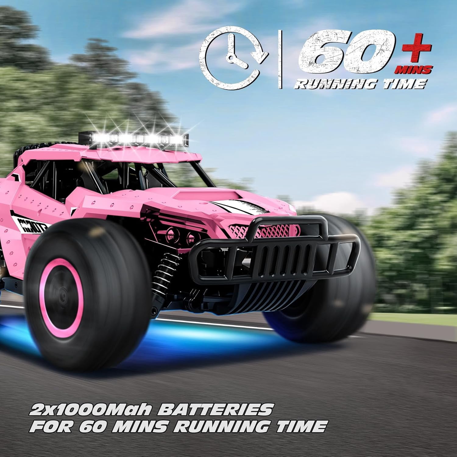 Tecnock Pink RC Car 1/16 Scale Remote Control Car for Girls, High Speed 20+ KM/H All Terrains Rc Monster Truck with Two Rechargeable Batteries & Head Chassis Lights Gift Toy for Kids Adults