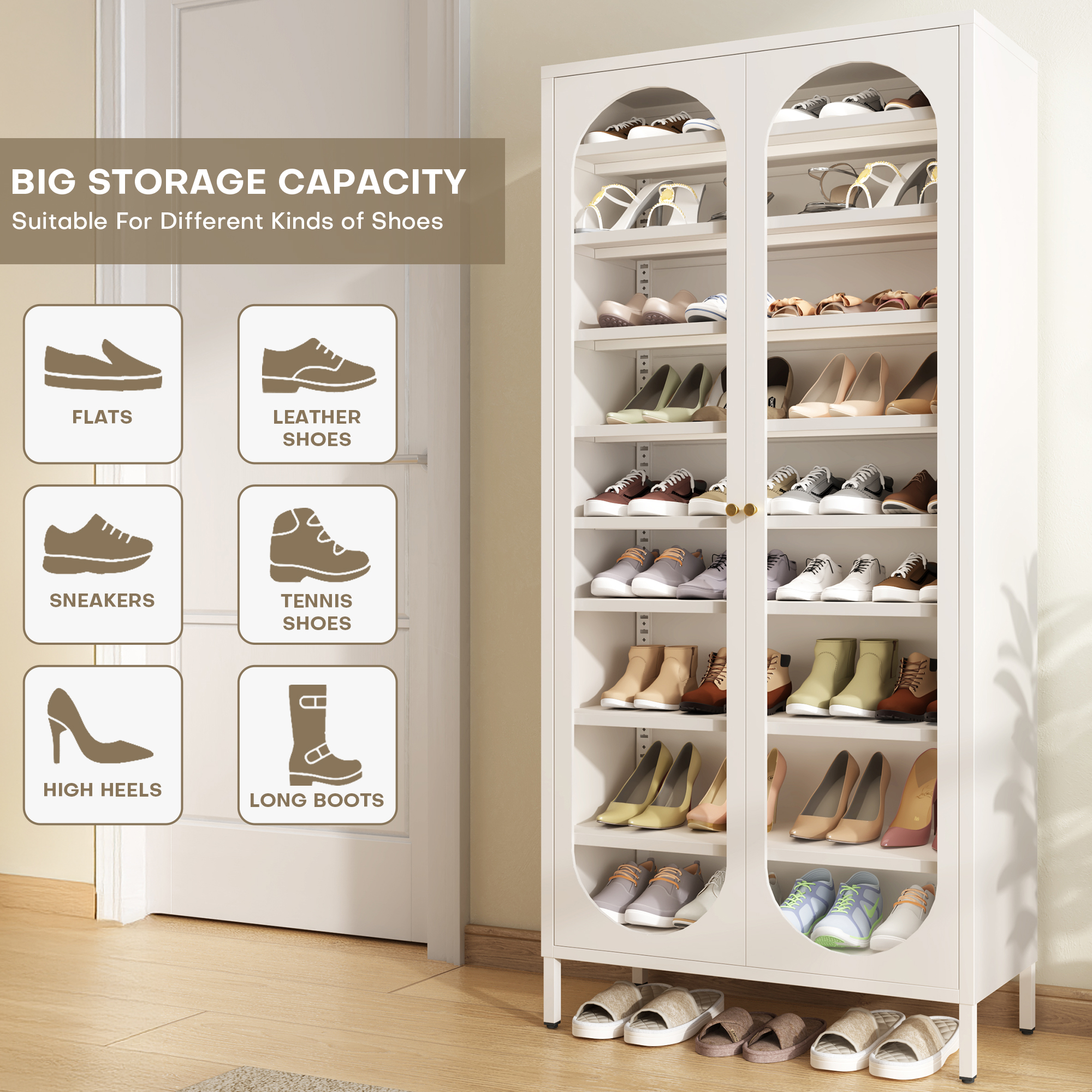 ANMINY 9-Tier Tall Shoe Storage Cabinet 67"H Shoe Cabinet with Glass Doors 9-Tier Shoe Organizer Rack with 8 Adjustable Shelves Max. Store 27-36 Pairs for Entryway Hallway Cloakroom Living Room, White