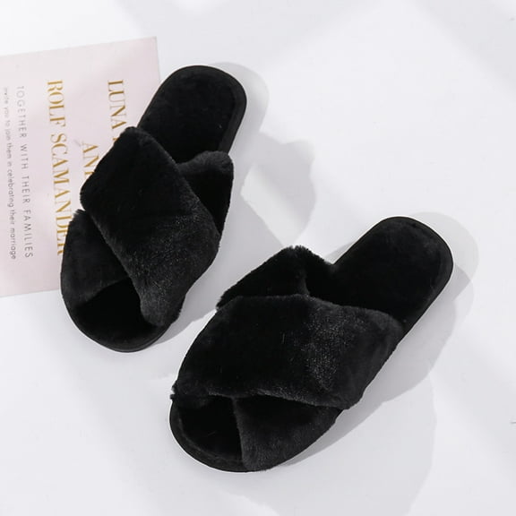 SSKDBFJG Women's Cross Band Slippers Fuzzy Soft House Slippers Plush Furry Warm Cozy Open Toe Fluffy Home Shoes Comfy Indoor Outdoor Slip On Breathable