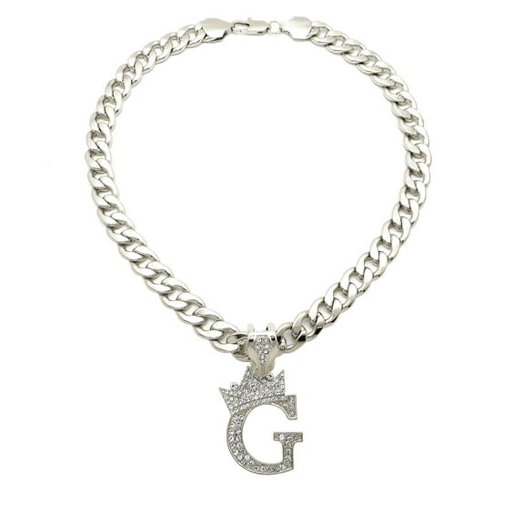 iJewelry2 Kings and Queens Crowned Initial Letter G Crystals Pendant Silver-tone Cuban Linked Chain Necklace