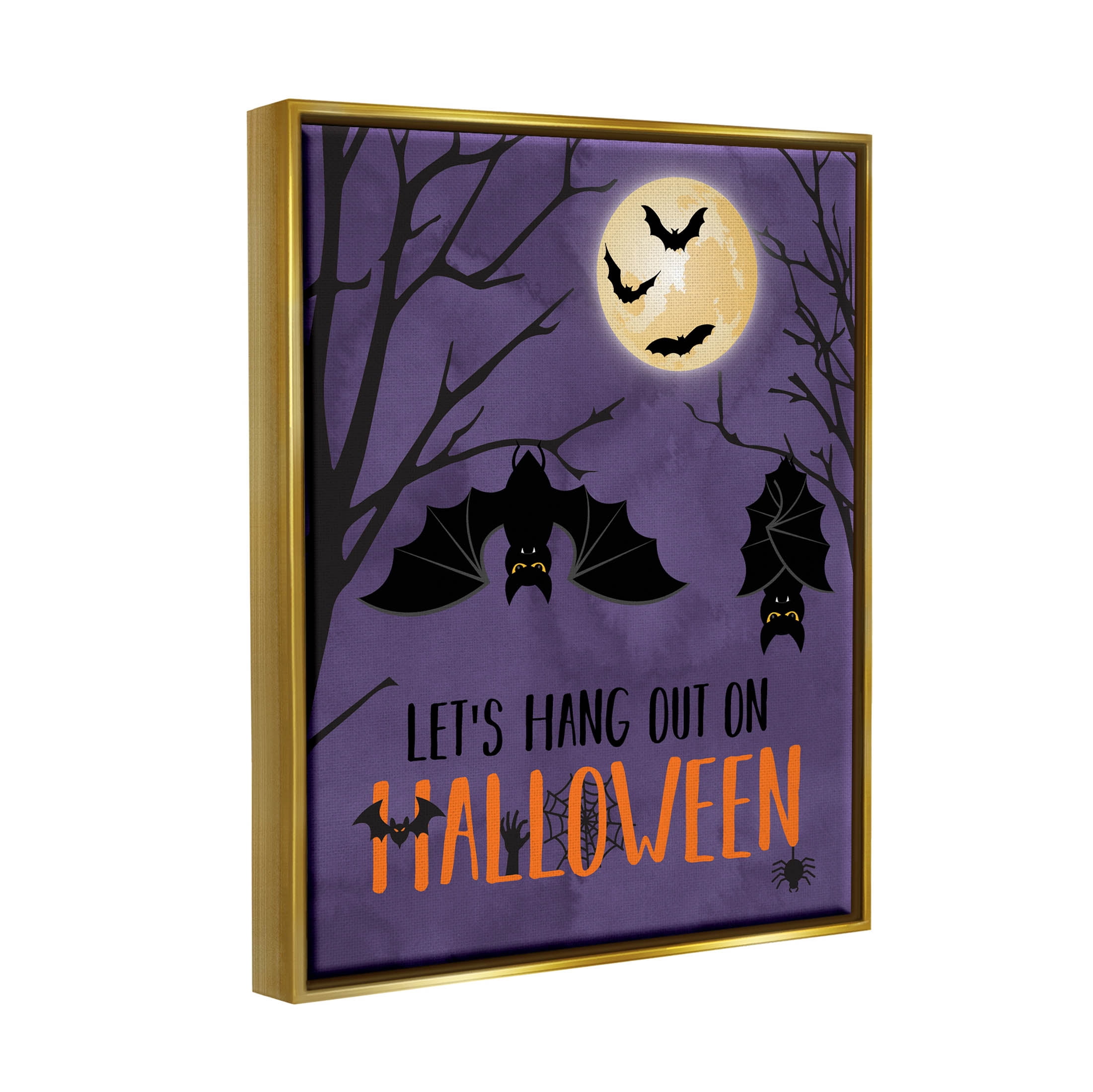 Stupell Industries Let's Hang Halloween Bats Graphic Art Metallic Gold Floating Framed Canvas Print Wall Art, Design by Linda Birtel
