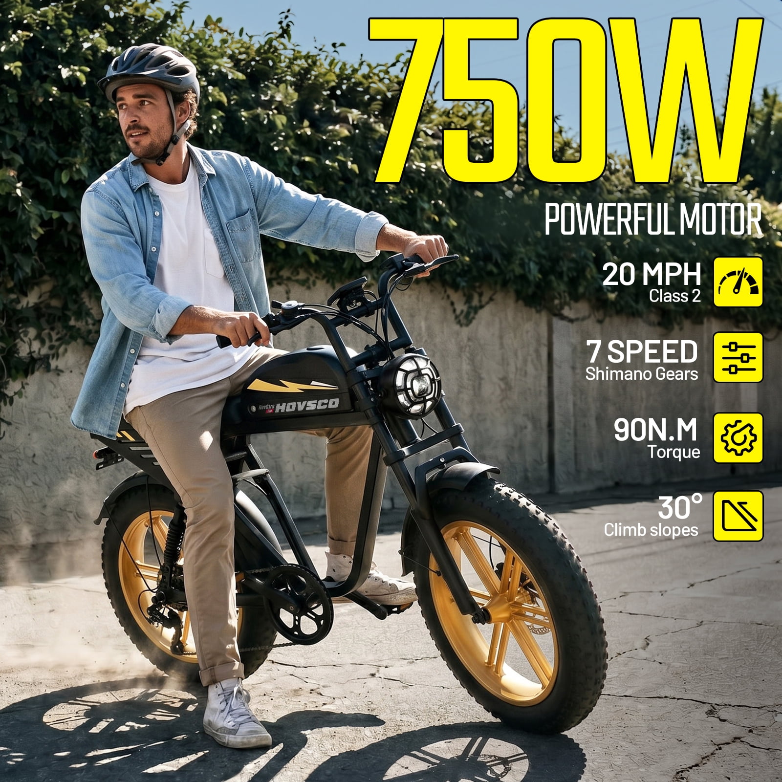 HOVSCO Electric Bike for Adults, 750W Motor, 60 Miles Range, 20'' Fat Tire E-Mountain Bike, 7-Speed E-Bike with Full Suspension UL2849