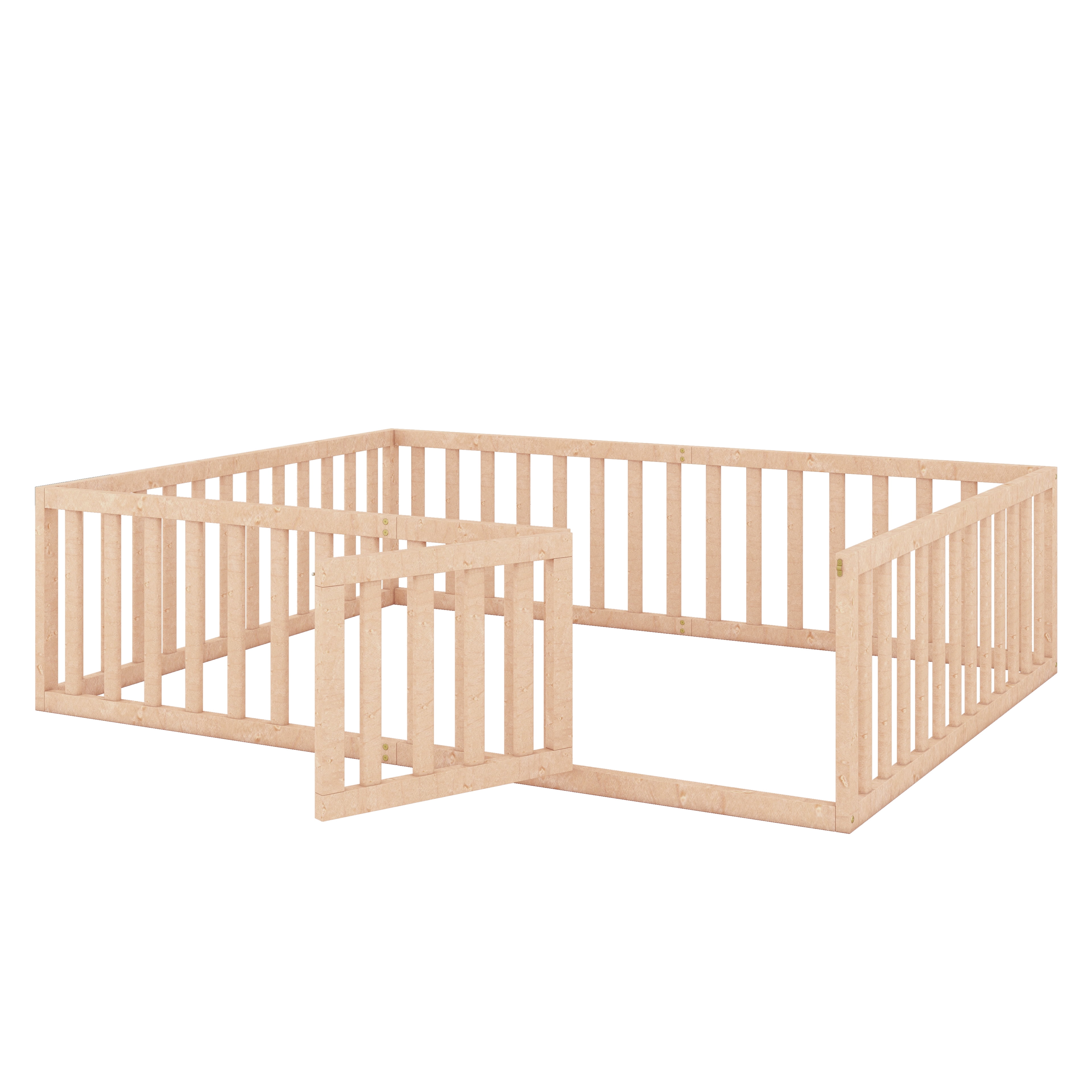 Bellemave Queen Size  Floor Bed with Fence and Door, Wood Montessori Bed Frame, Floor Bed Frame, Slats Not Included (Queen,Natural)