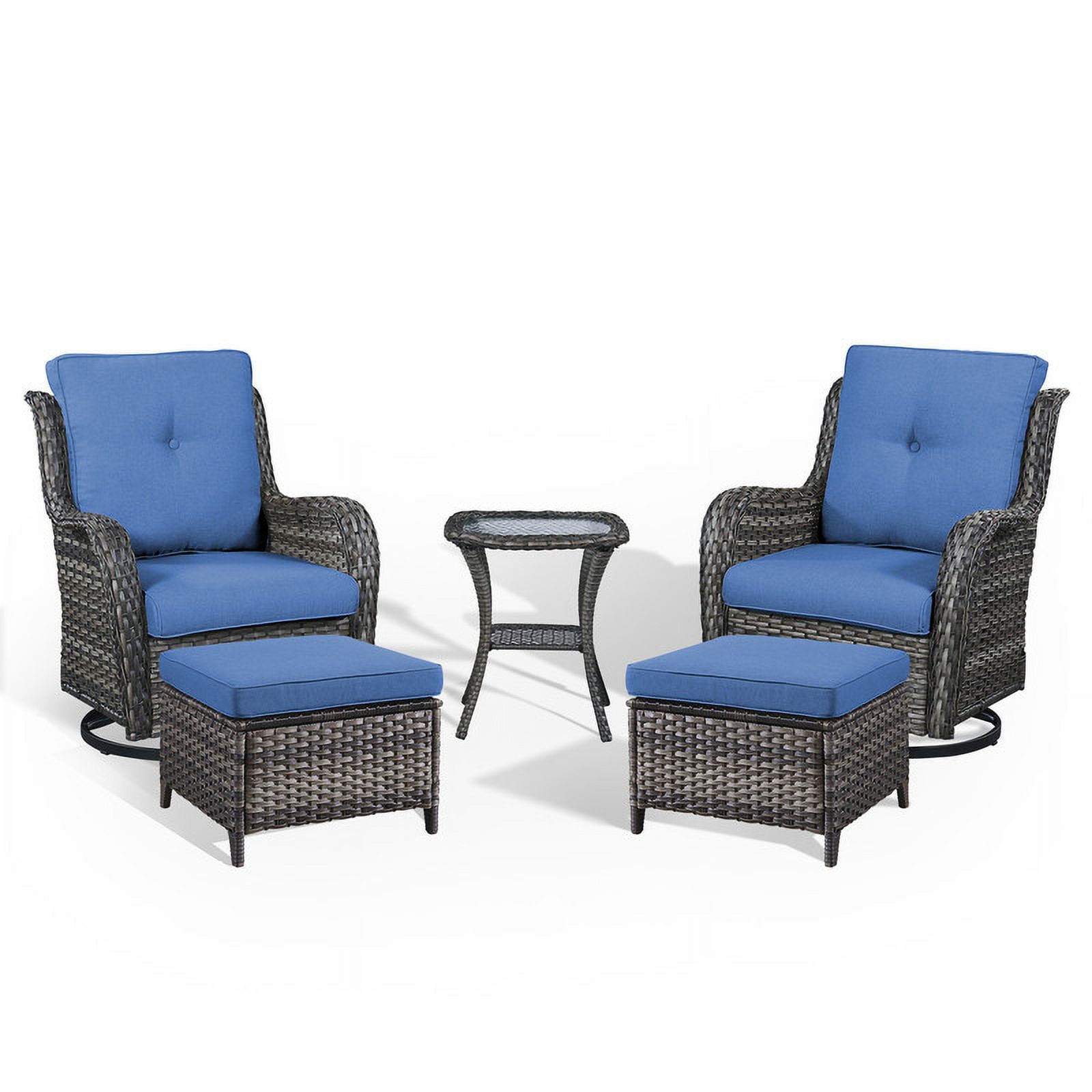 PARKWELL 5-Piece Outdoor Conversation Sets,Wicker Swivel Gliders with Ottomans,Side Table,Patio Seating Furniture with Blue Cushions,Gray Wicker