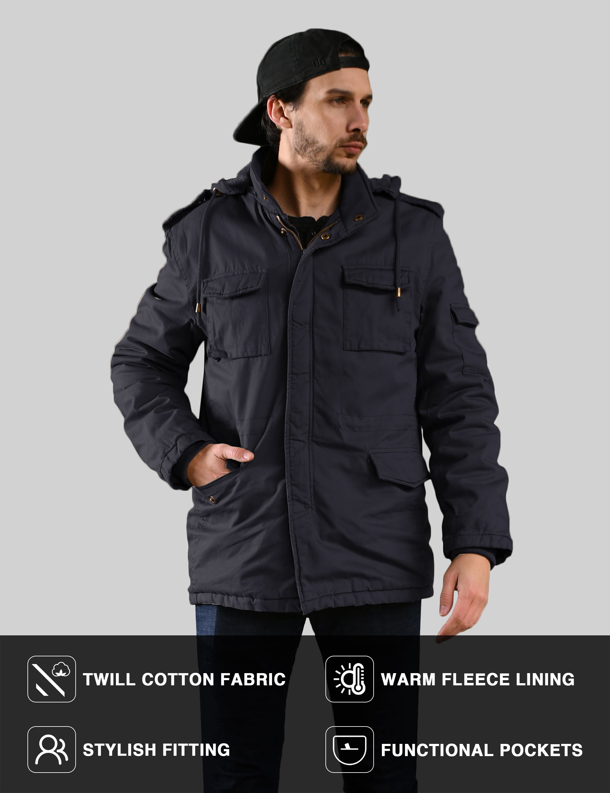 WenVen Men's Cotton Winter Parka Jacket Casual Warm Coat with Removable Hood