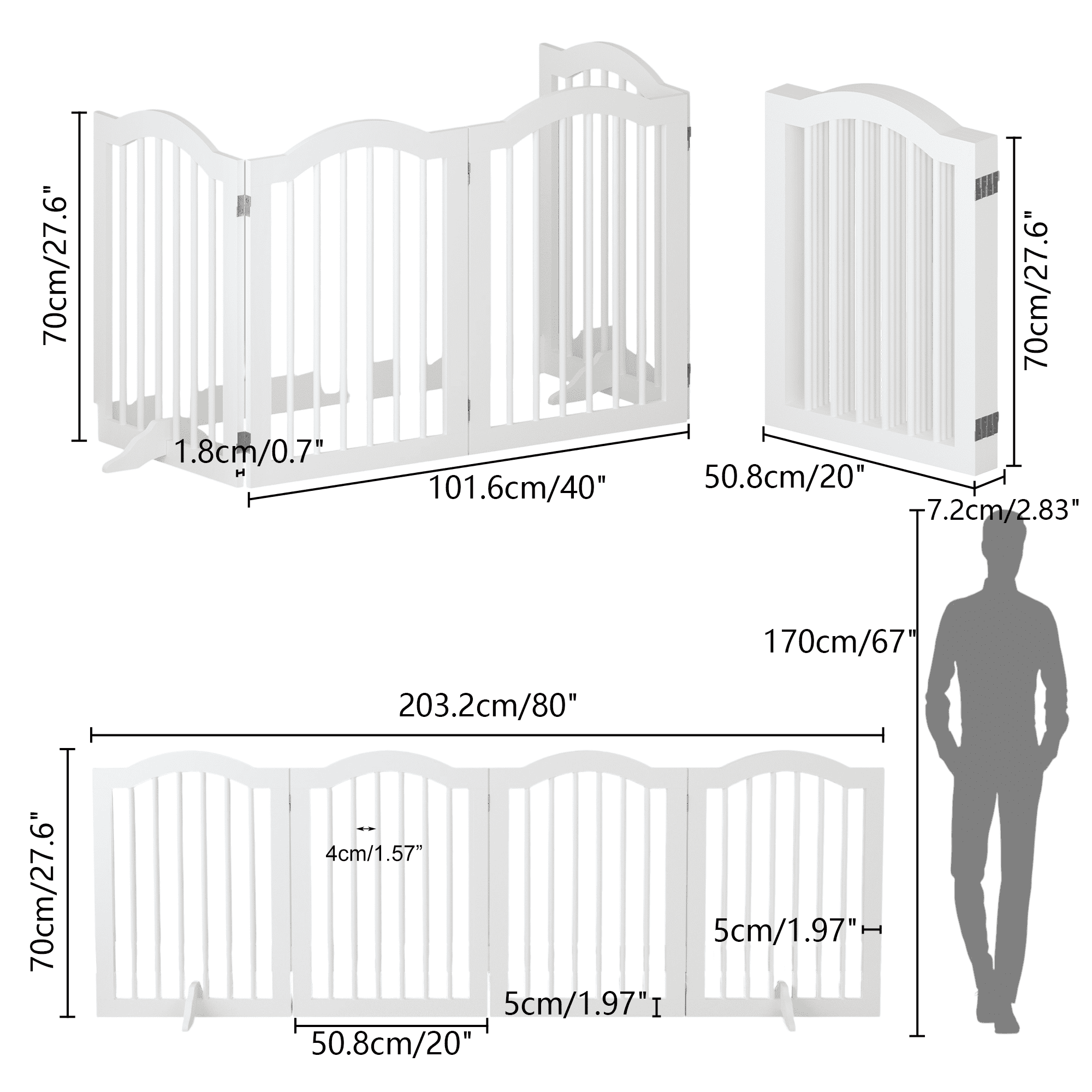 Jopath 27.6" Height Tall Freestanding Pet Gate, 4 Panels Foldable Dog Gate Solid Wood Folding Safety Fence Wooden Dog Gate with 2 Pcs Support Feet for Stairs Doorways Halls Kitchens
