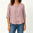thumbnail image 6 of Qulqfy Cotton Linen Women's Blouses 3/4 Length Sleeve Casual Crew Neck Floral Print Button Down Purple Spring Women Summer Tops L, 6 of 7