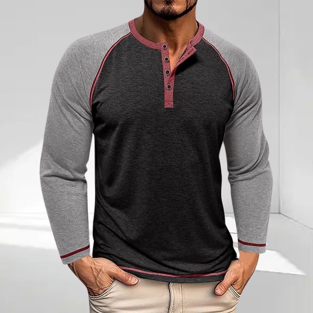 Blusas y camisas de manga larga con cuello redondo para hombre, informales, de manga larga, cuello redondo, medio botón, a cuadros, con bolsillos y bloques de color, blusas de poliéster para hombre