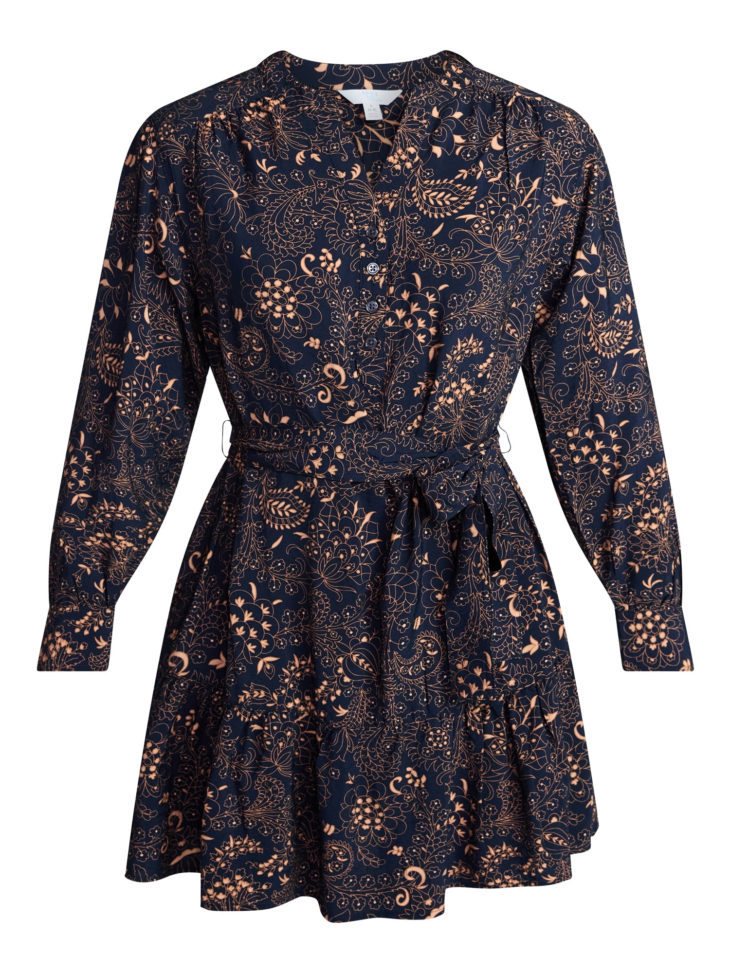 Time and Tru Women's Tiered Mini Dress with Long Sleeves, Sizes XS-XXXL