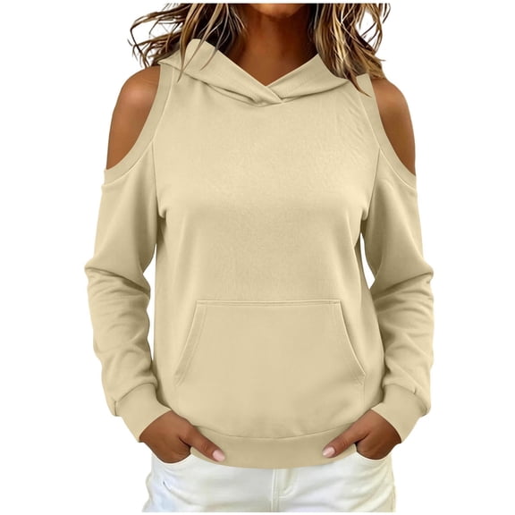 VEKDONE Womens Cold Shoulder Hoodies Trendy Long Sleeve Loose Fit Hooded Sweatshirts Fall Thin Fleece Comfy Pullover Tops with Pocket Khaki XXL