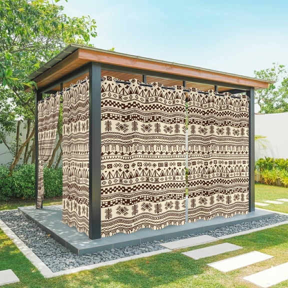 2 Panels Outdoor Curtains for Patio Waterproof 54"x84" Boho Weatherproof Privacy Outsides Curtains, Beige Brown Traditional Ethnic Geometric Motifs Grommet Thermal Drapes for Cabana Porch Pergola