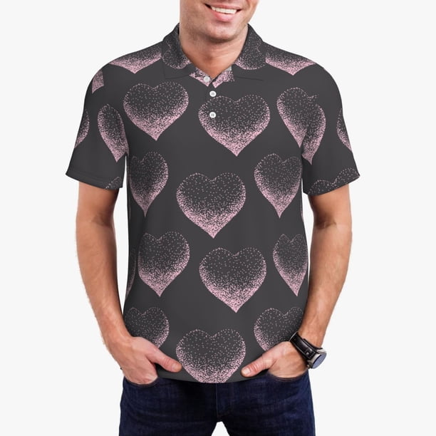Balery pink hearts Camisa Polo de Hombre con Estampado, de Manga Corta y Tejido Medio, Camisa Tipo Golf Polo-Small