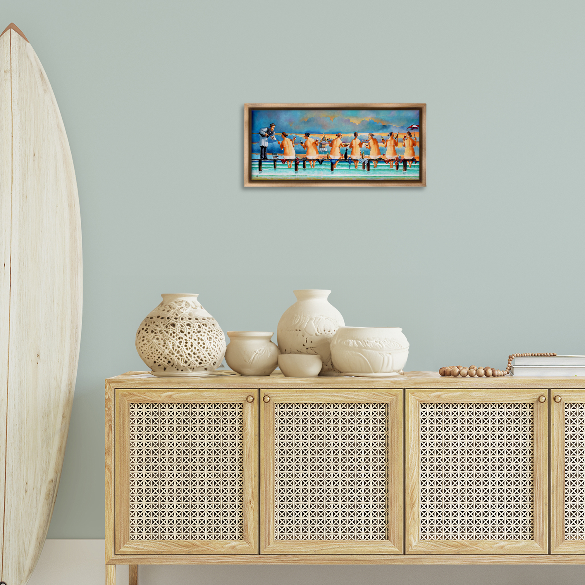 Stupell Industries Ladies Enjoying Beach Novelty Painting Brown Floater Framed Canvas Art Print Wall Art, 25 x 11
