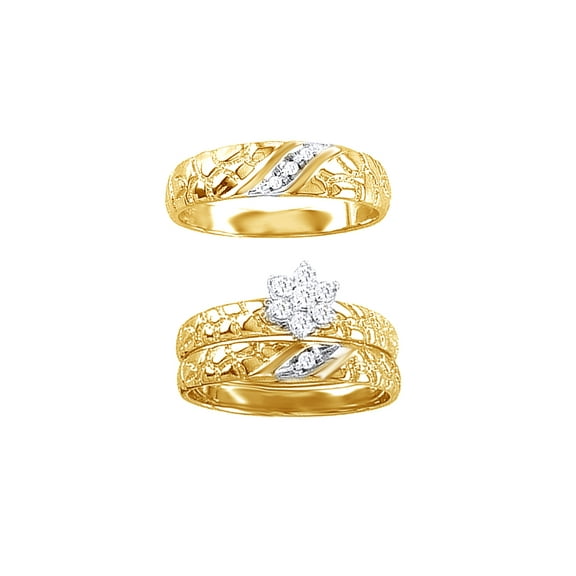 AFFY White Natural Diamond Wedding & Engagement Trio Bridal Ring Set In 10k Yellow Gold (0.15 Cttw)