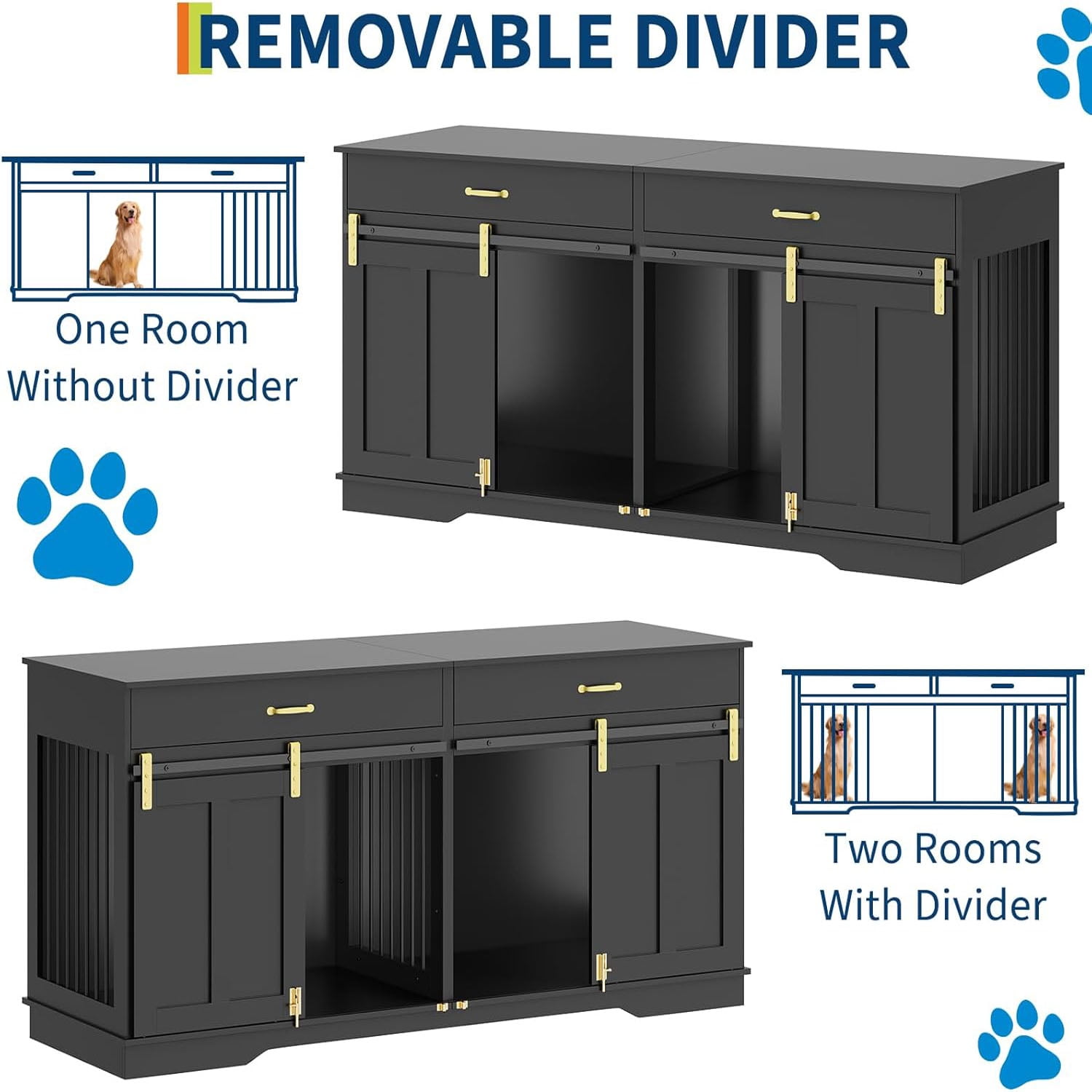 Ataucjin 71" Dog Crate TV Stand for 2 Large Dogs, Extra Large Double Dog Kennel Furniture with 2 Drawers and 2 Lockable Sliding Doors, Wooden Furniture Dogs Crate for Indoor Home Living Room