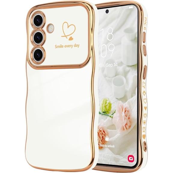 MYKOMI for Samsung Galaxy S25 Ultra Case for Women Girls, Cute Wave Frame Curly Shape with Love Heart Camera Protection Cover Luxury Plating Shockproof Phone Case for Galaxy S25 Ultra 5G