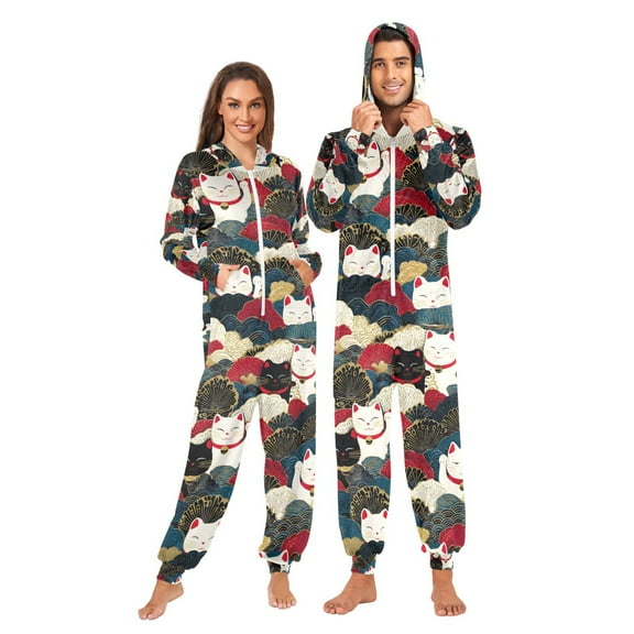 FORMRS Onesies Pajama for Adults Unisex Hoodie Winter Jumpsuit One Piece Sleepwear, Sizes S-2XL, White Lucky Cat