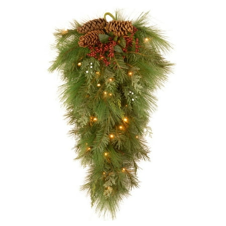 National Tree 28" White Pine Wall Teardrop with Pine Cones and 30 Soft White LED Battery Operated Lights