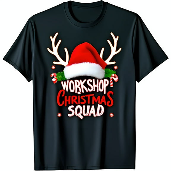 Festive Black T-Shirt with Santa Hat & Reindeer Antlers Workshop Christmas Squad Design