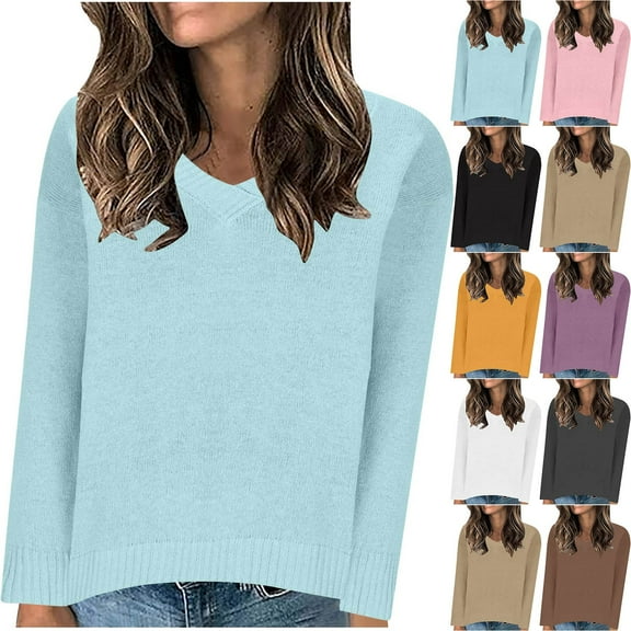 Ashirexll Pullover Sweaters for Women, Winter Sweaters for Women, Sweater for Women Casual Fashion Solid Color V-Neck Long Sleeve Pullover Sweater Knit Top